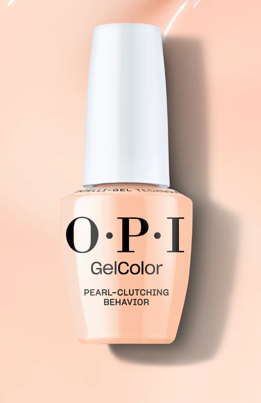 OPI nail polish bottle with a white cap on a beige background