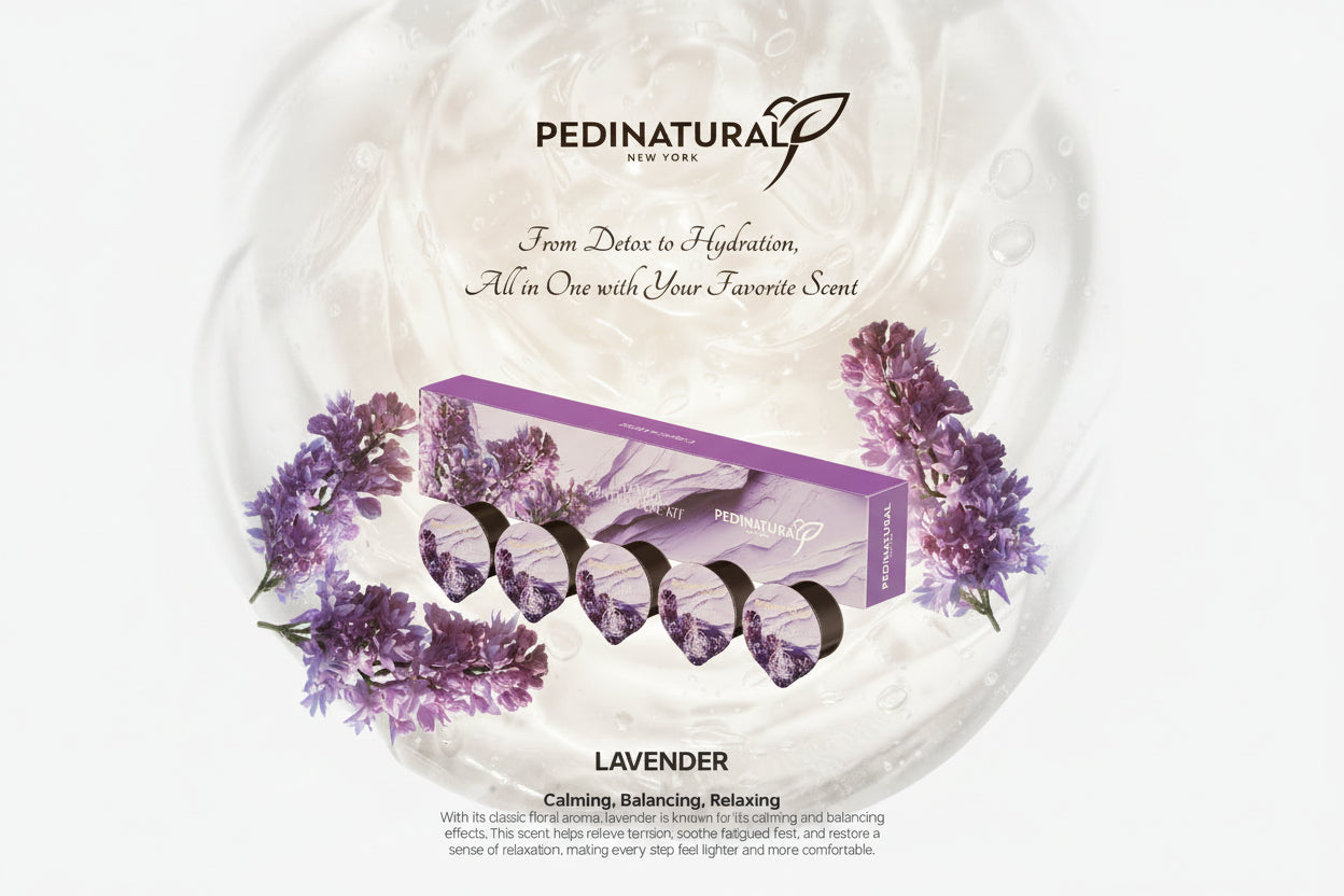 Pedinatural lavender product packaging with lavender flowers on a white background