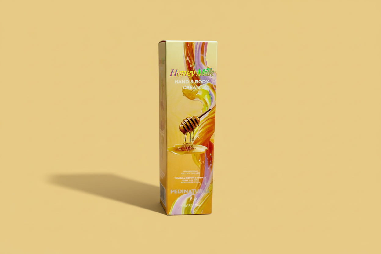 Box of HoneyMite Hand & Body Cream with honey and comb design on a white background