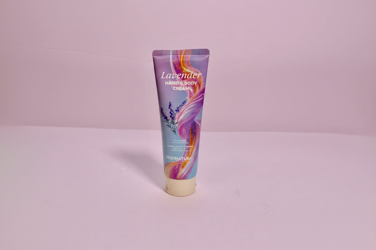 Tube of lavender hand and body cream on a white background