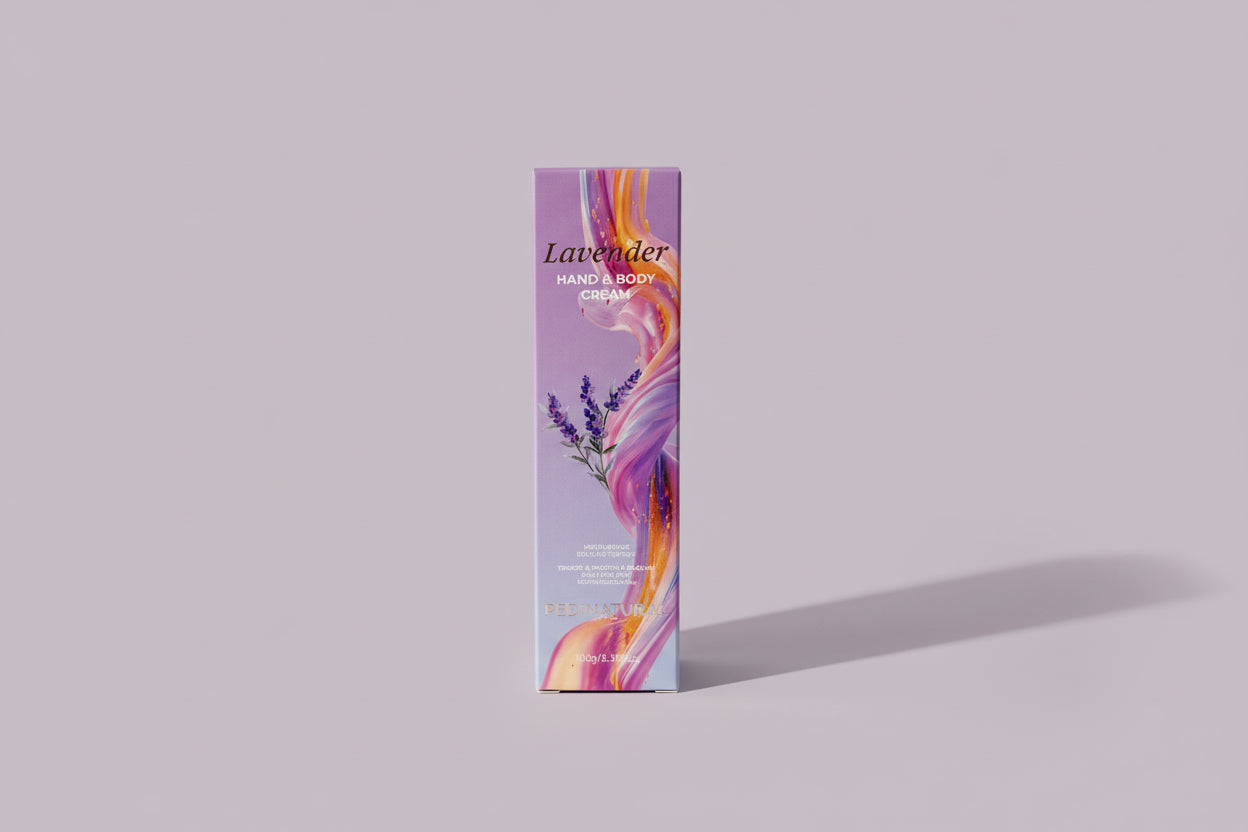Lavender hand and body cream packaging on a white background
