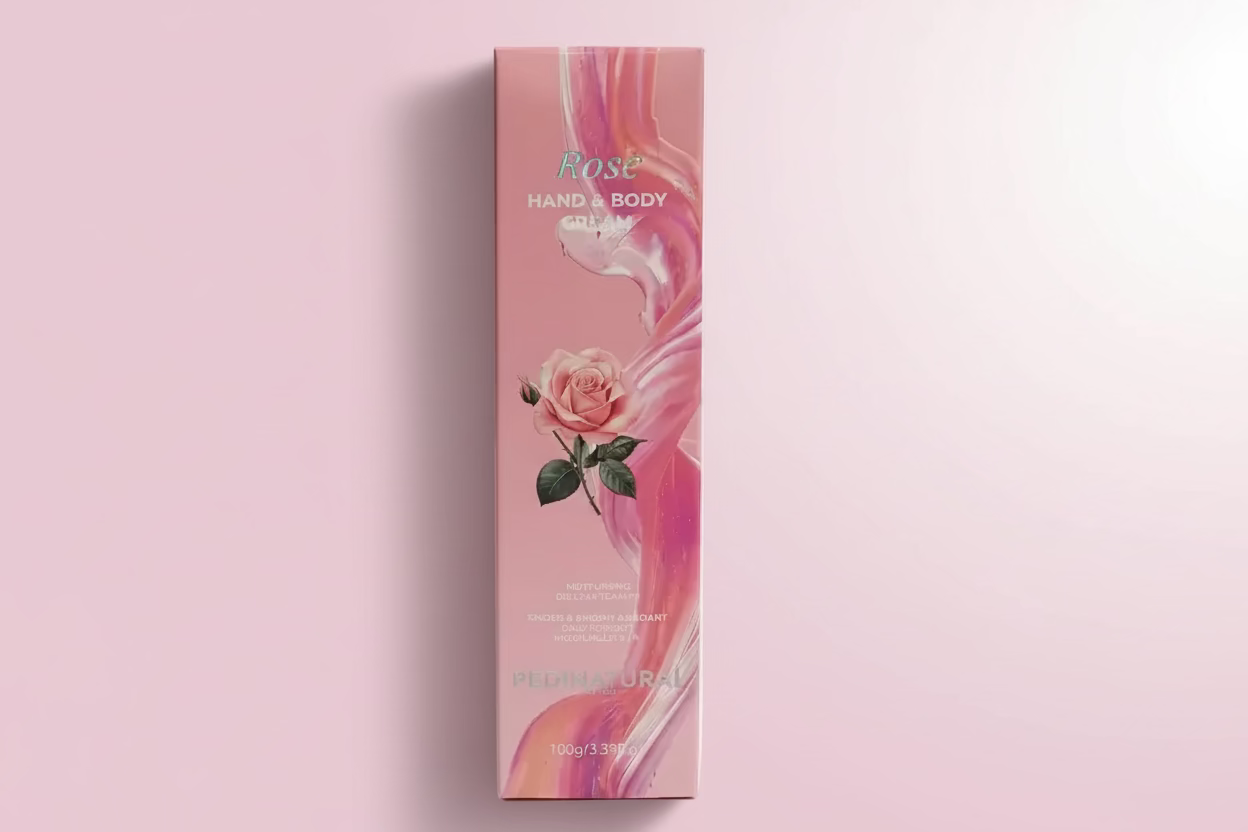 Box of Rose Hand & Body Cream with pink design and rose illustration on a white background
