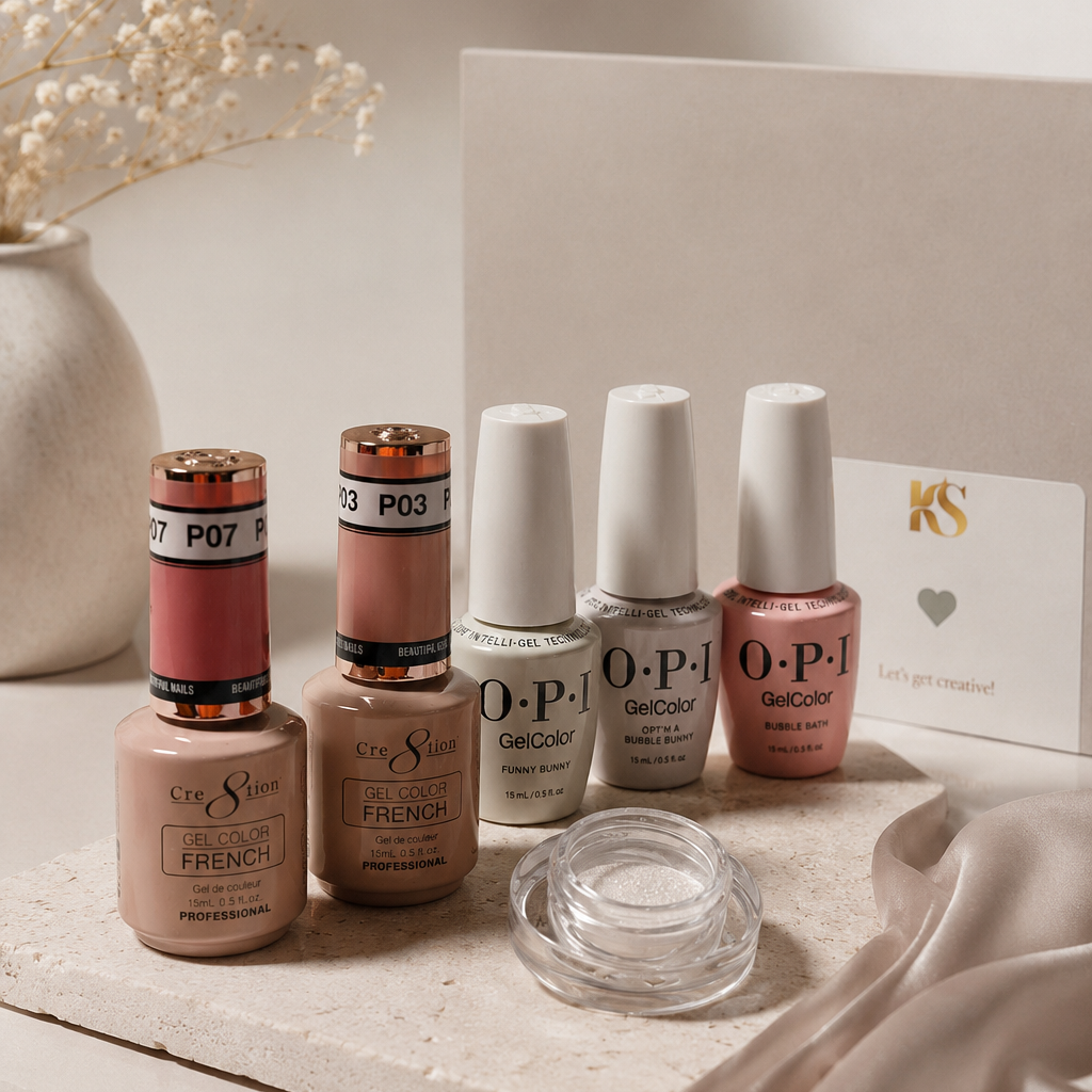 A set of OPI City Star nail polish bottles in neutral shades, arranged on a light stone surface with a small clear glass jar lid in front and a branded card behind them. The scene includes soft fabric and dried flowers in a vase, styled as a clean product display.