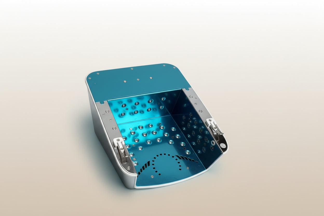 Metallic blue and silver rectangular object with embedded lights on a white background
