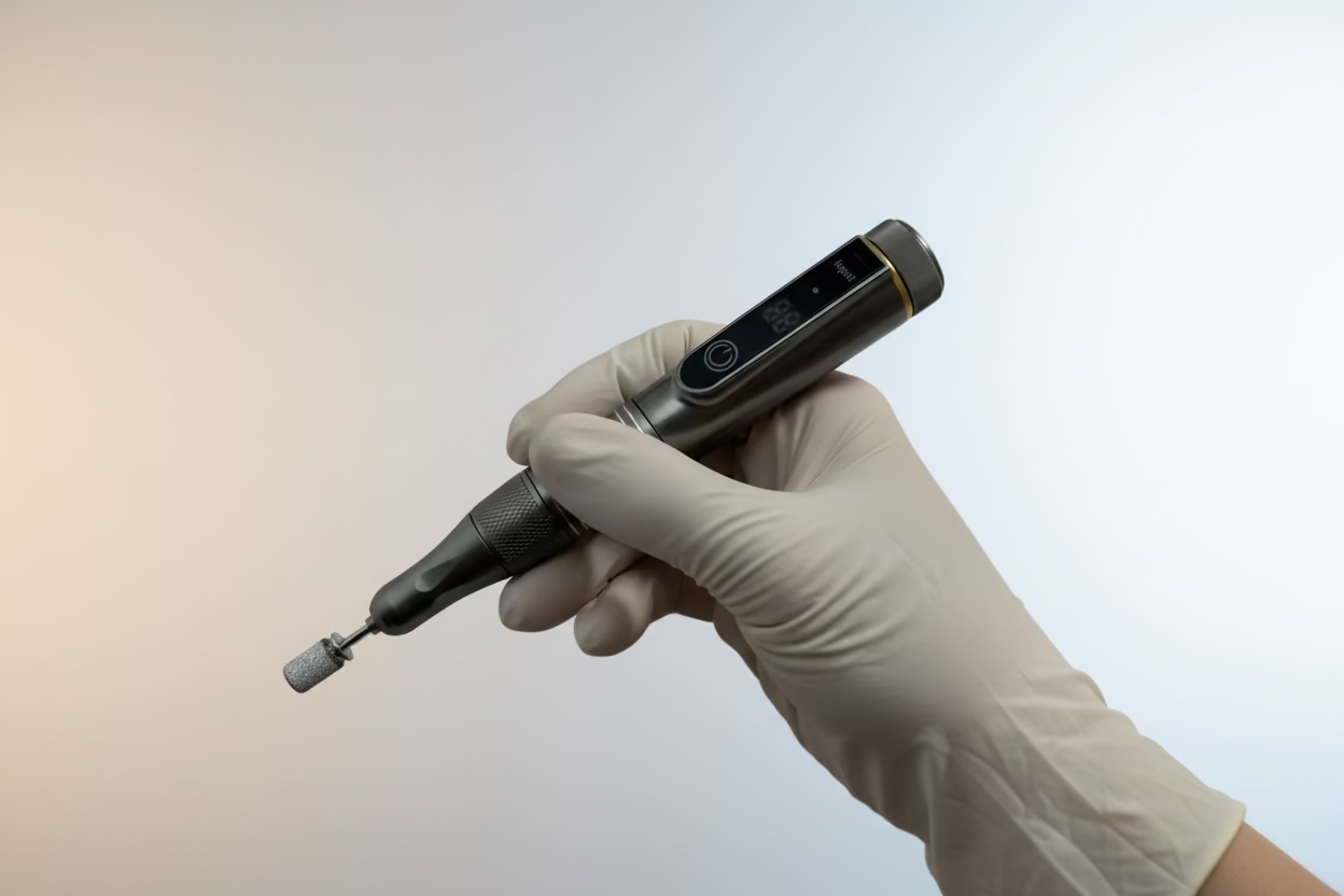 Hand wearing a glove holding a black electronic device on a white background