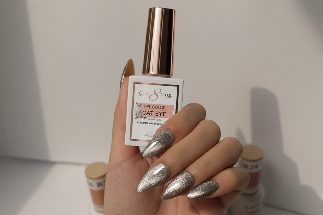 Hand holding a bottle of Cat Eye gel color with silver nails