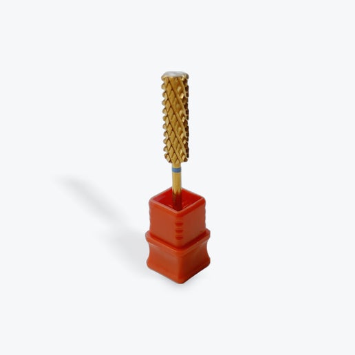 his 20mm long flute drill bit with 4X coarse grit quickly debulks thick acrylic and dip powders.