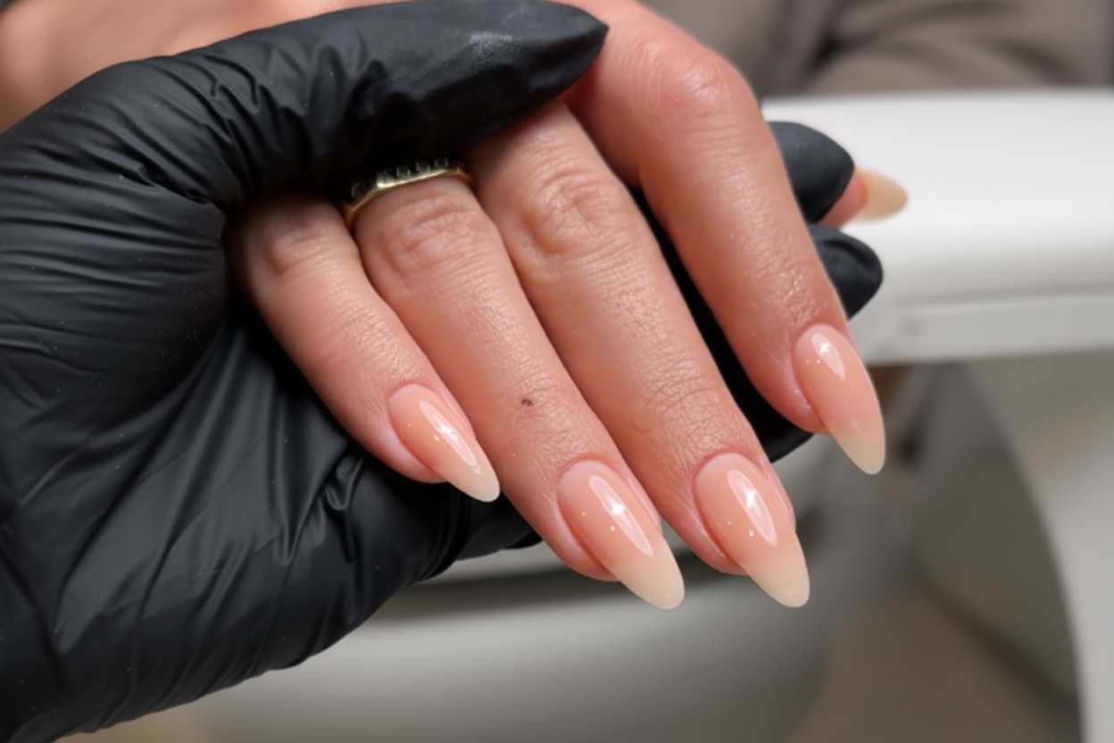 Close-up of a hand with nude-colored nails and a black glove.