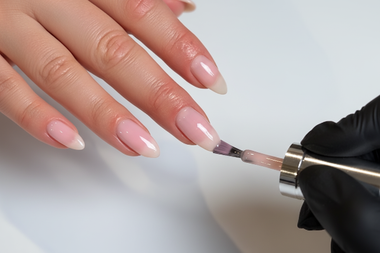 Hand with pink nails applying nail polish, wearing a black glove.