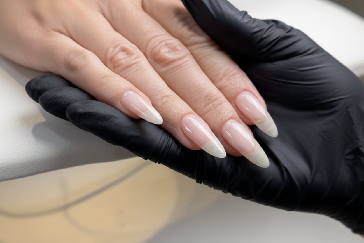 Hand with long, neatly manicured nails wearing a black glove on a neutral background
