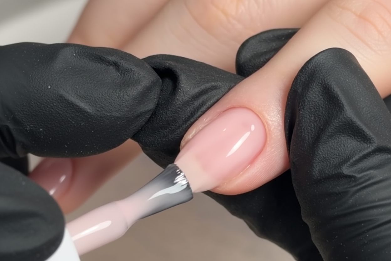 Close-up of a hand with a black glove applying nail polish to another hand.