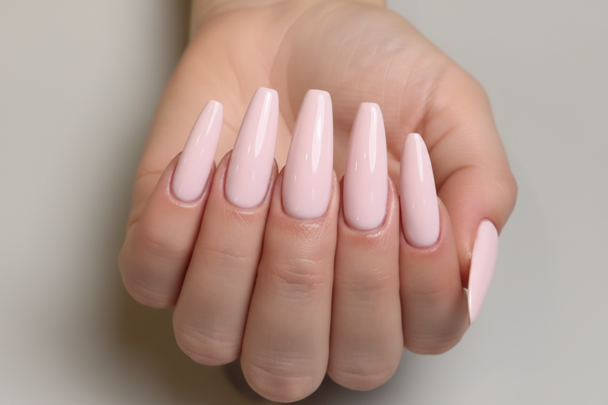 Close-up of a hand with light pink nail polish on a neutral background