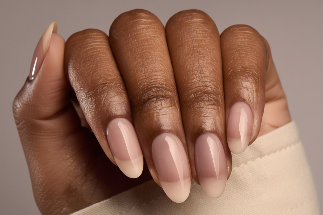 Close-up of a hand with light pink nail polish on a neutral background