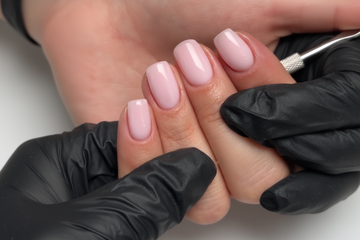Close-up of a hand with pink nail polish wearing a black glove on a neutral background