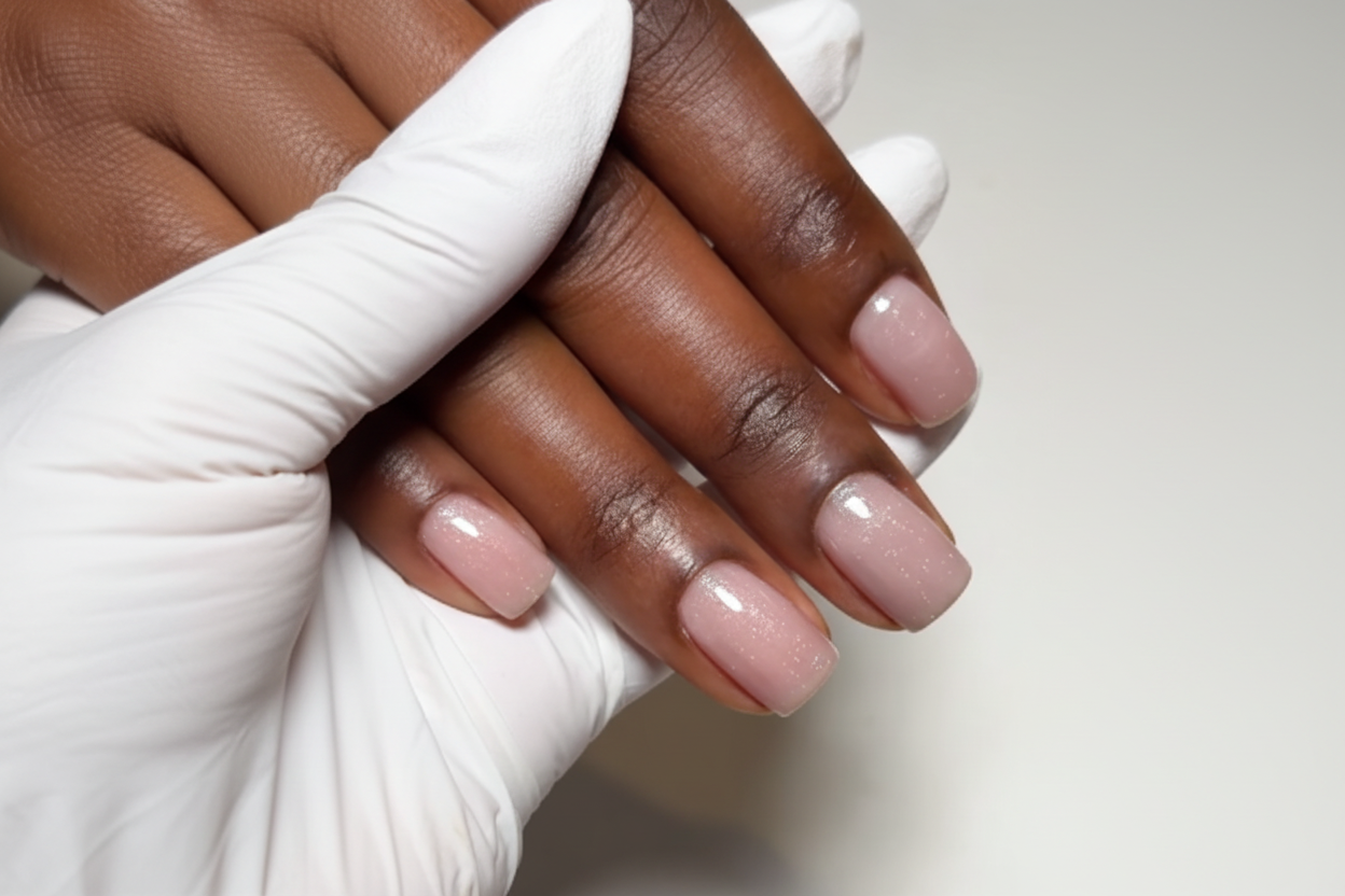 Close-up of hands with light pink nail polish on a neutral background