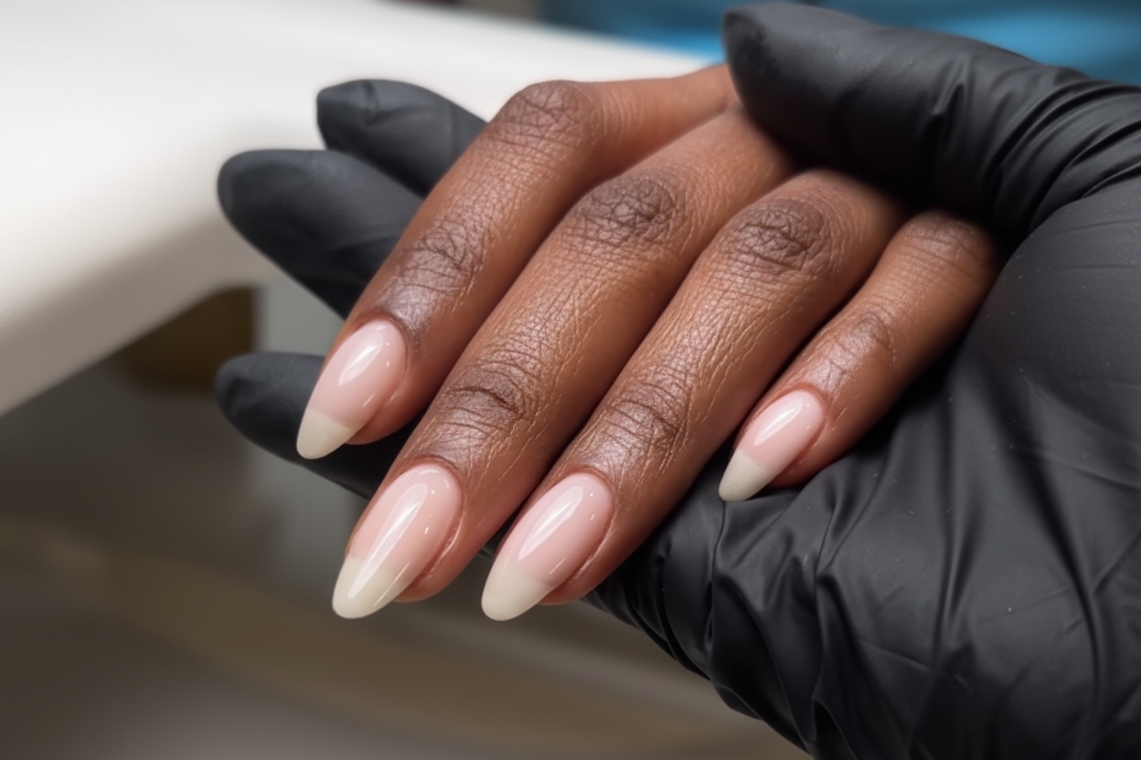 Close-up of a hand with beige nail polish wearing a black glove on a blurred background