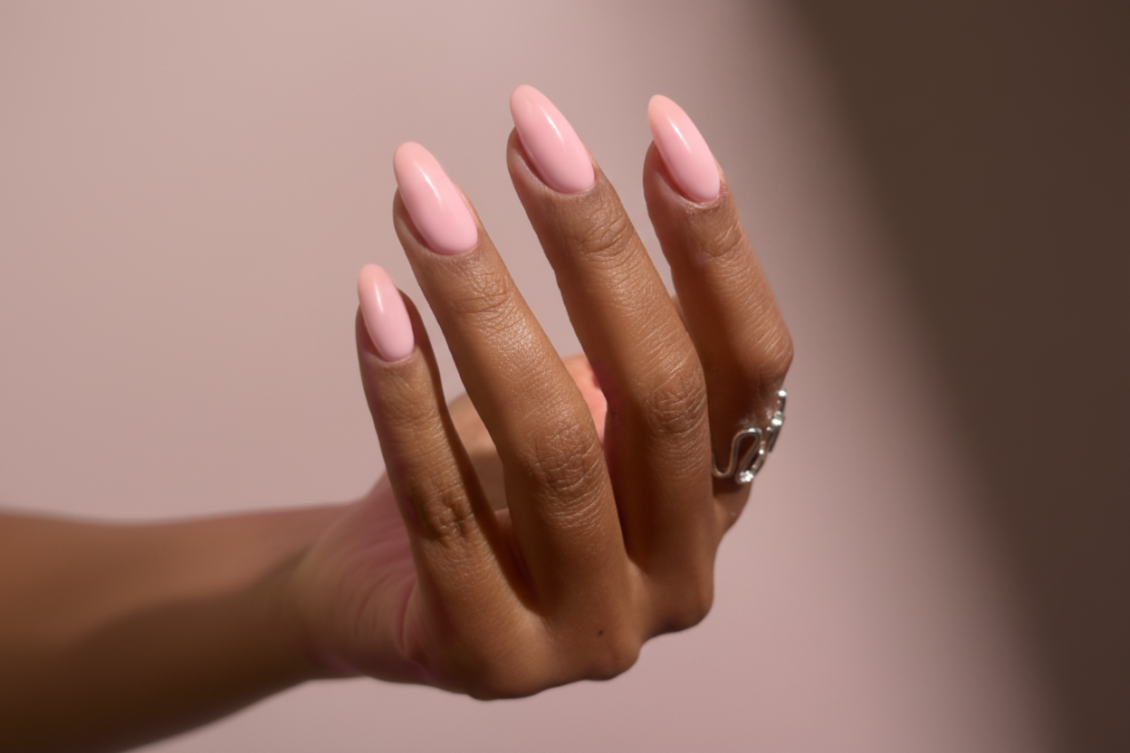 Hand with pink nail polish on a neutral background