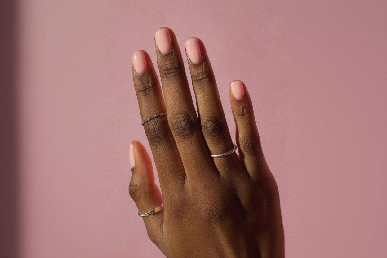Hand with three rings on a pink background
