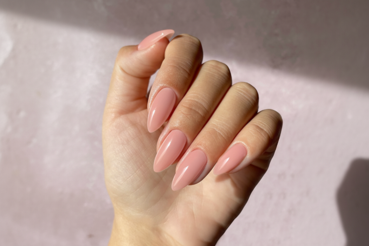 Hand with pink nail polish on a neutral background