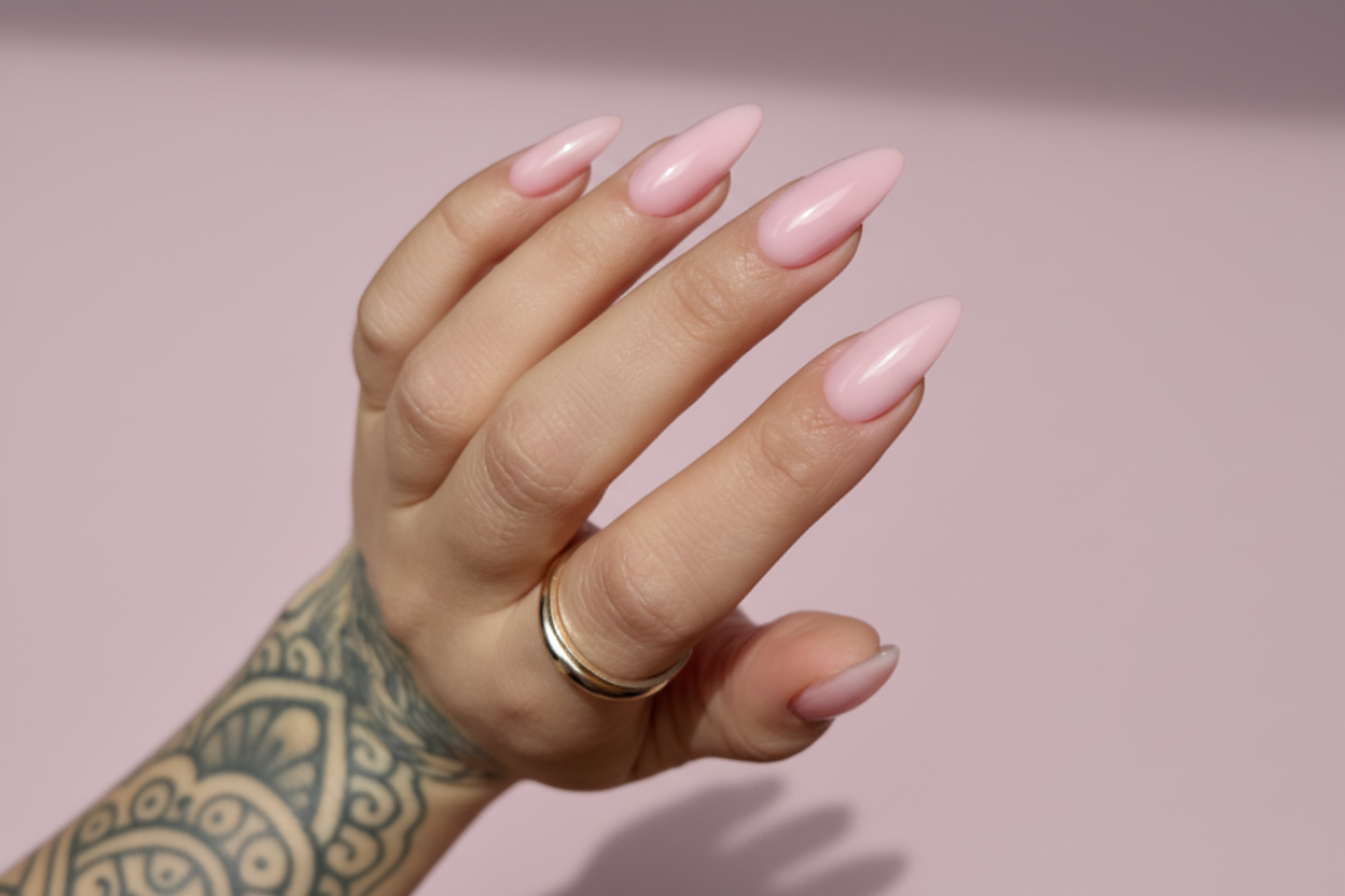 Hand with pink nail polish on a plain background