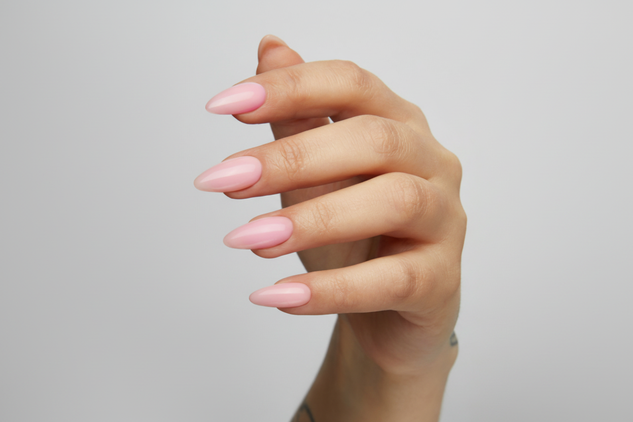 Hand with pink nail polish on a plain background