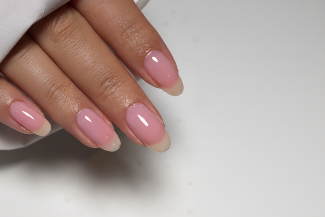 Close-up of a hand with pink nail polish on a white background