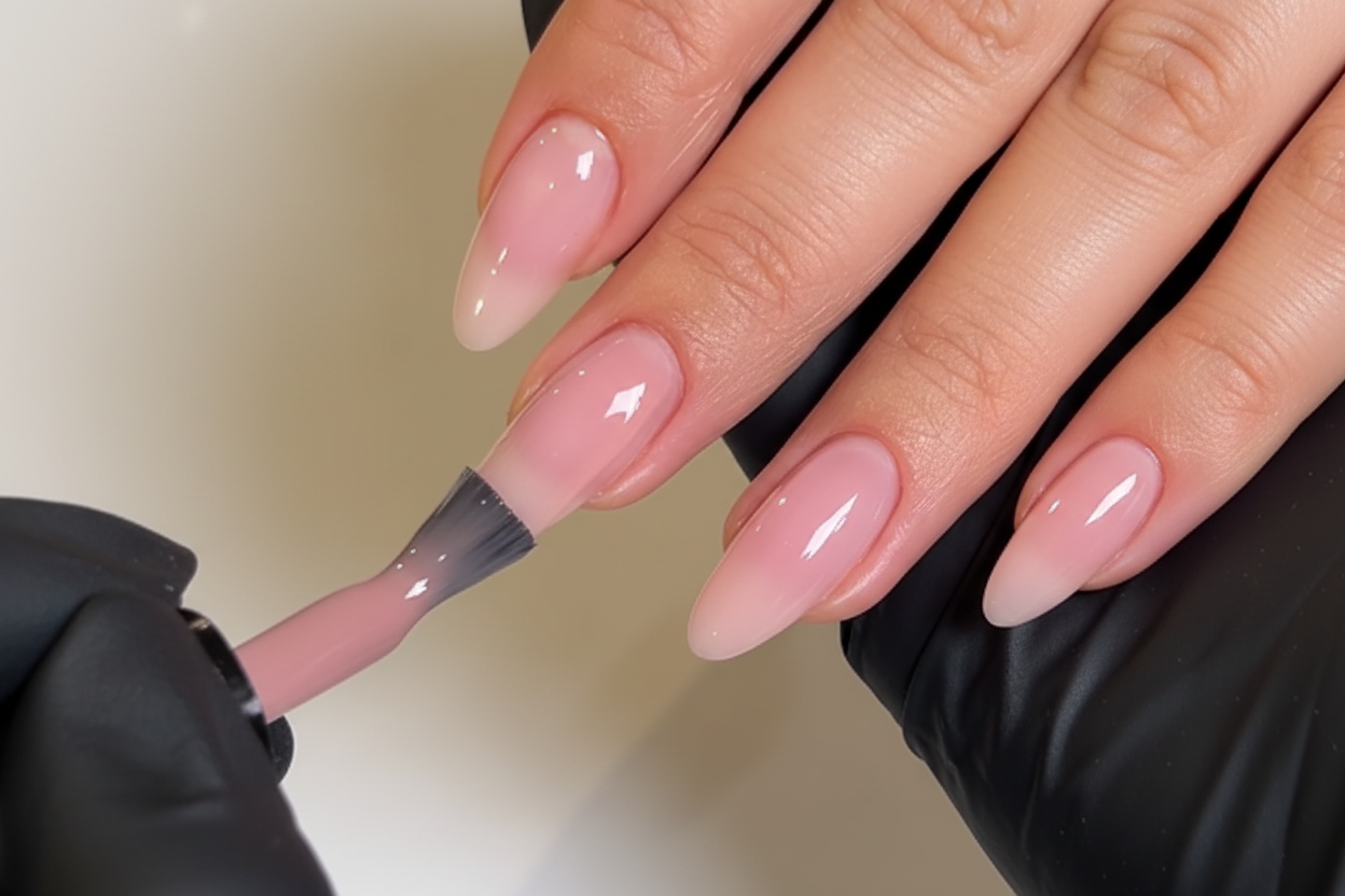 Close-up of a hand with pink nail polish and a blurred background