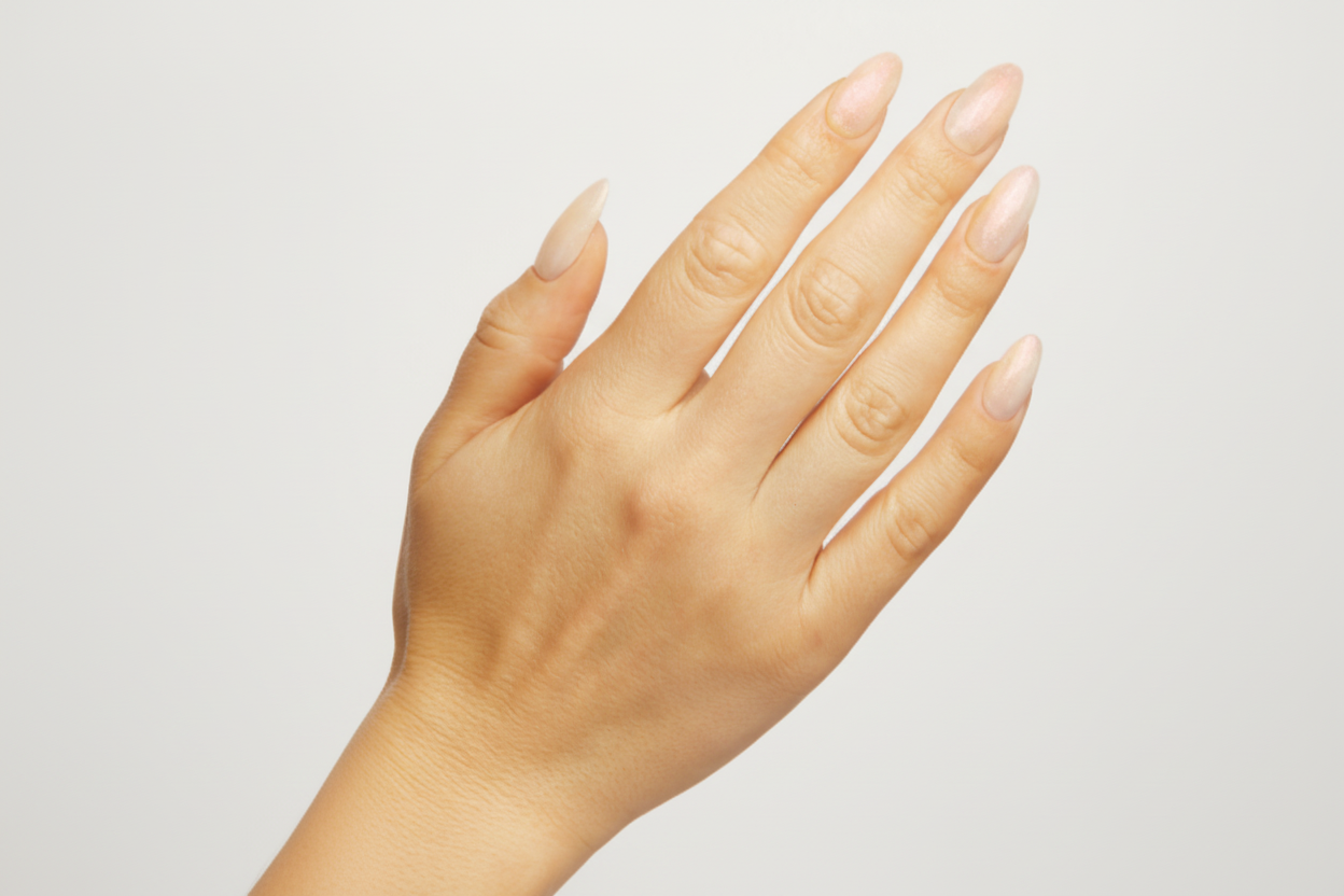 Hand with light pink nail polish on a plain background