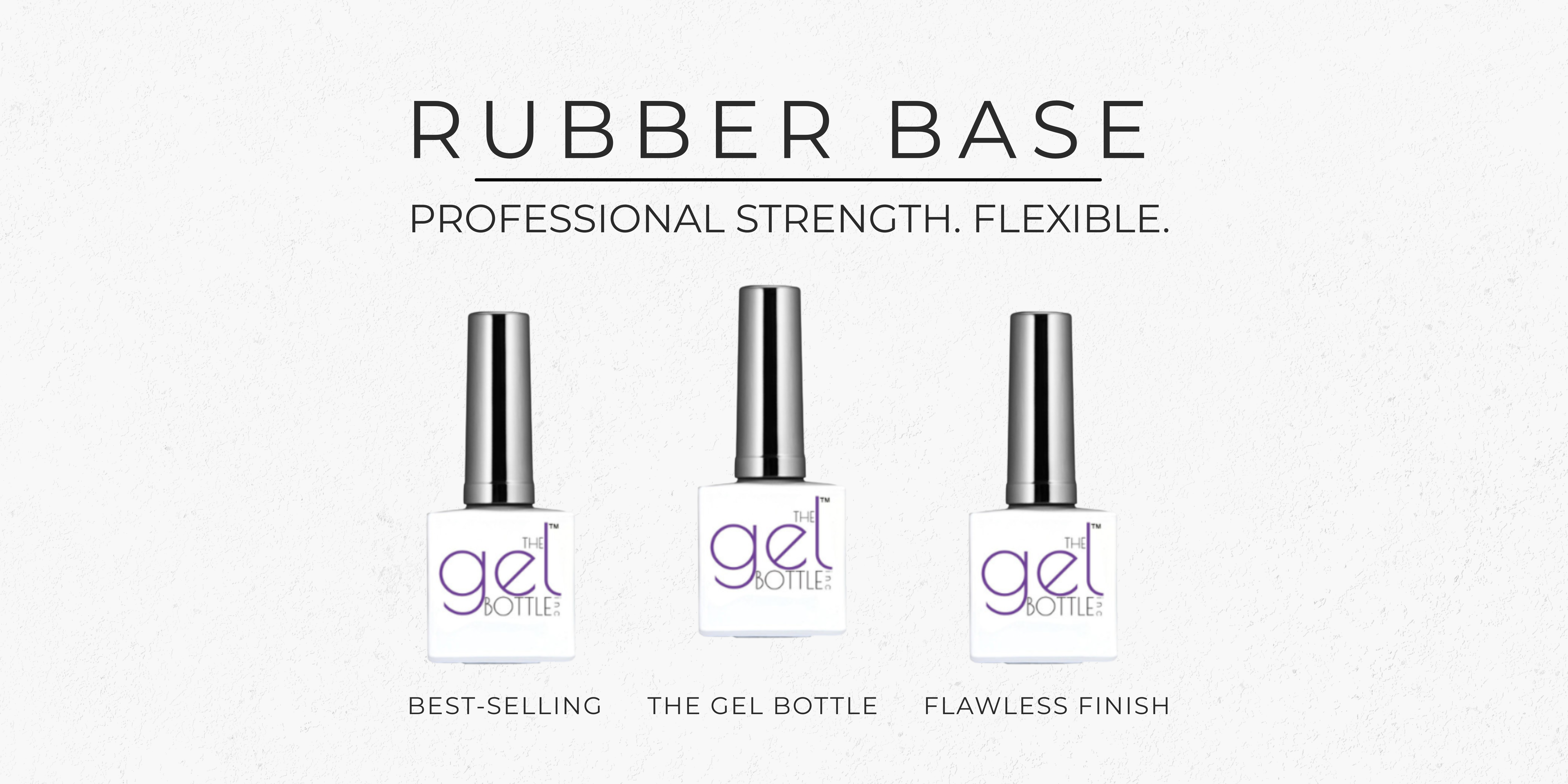 Three gel bottles labeled 'gel bottle' with text about rubber base and professional strength on a white background.