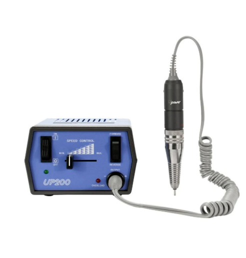 A dental rotary burr handpiece with a coiled gray cable connected to a blue and black UP200 speed control power unit, shown on a plain white background.