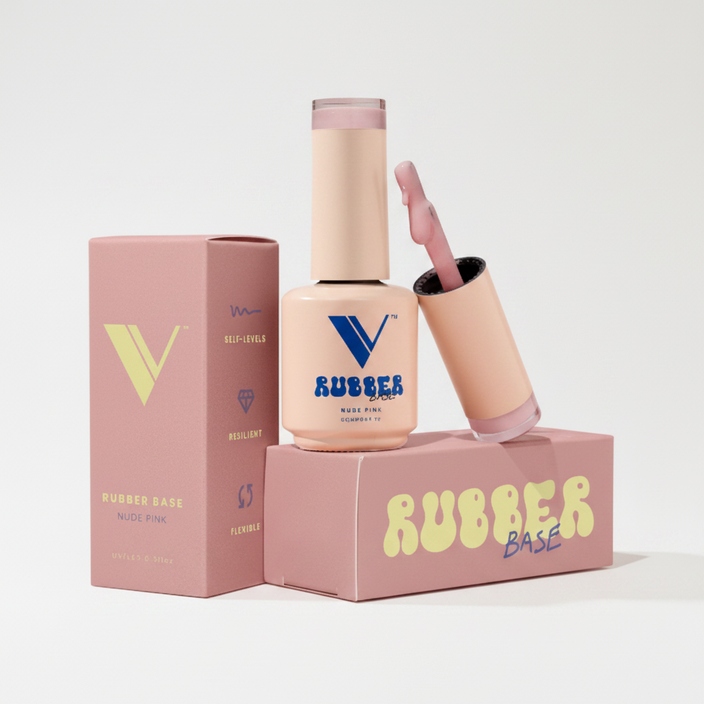 V Rubber nail polish bottle with pink nail and packaging on a peach background