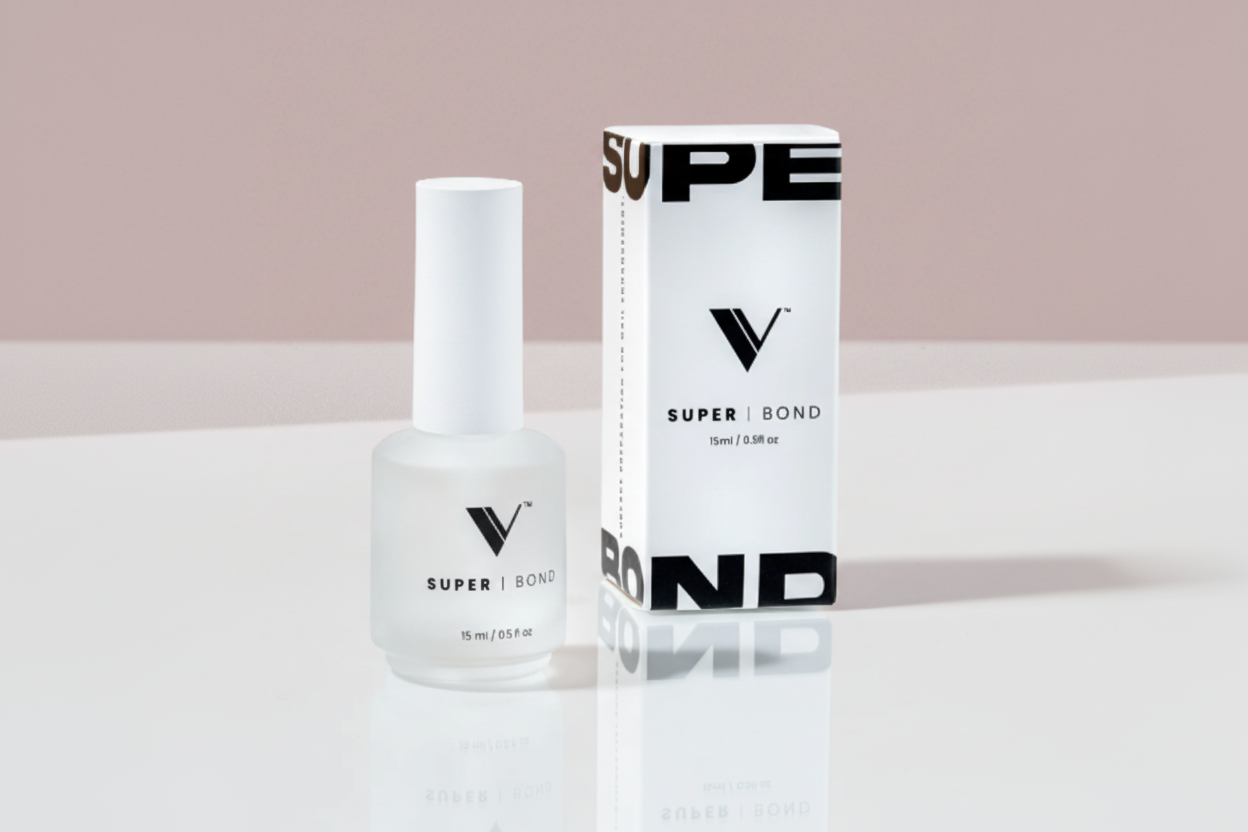 Super Bond nail polish bottle and packaging on a light background