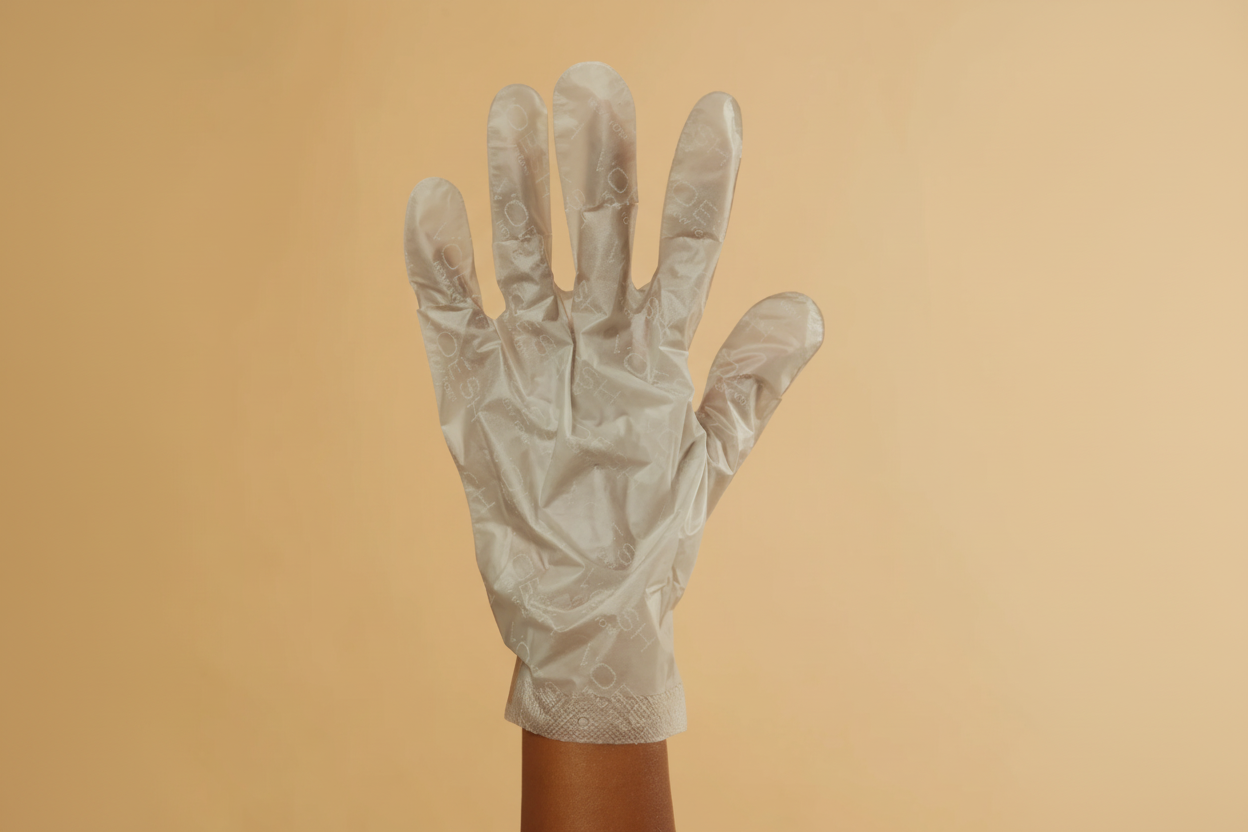 Single beige disposable glove on a beige background