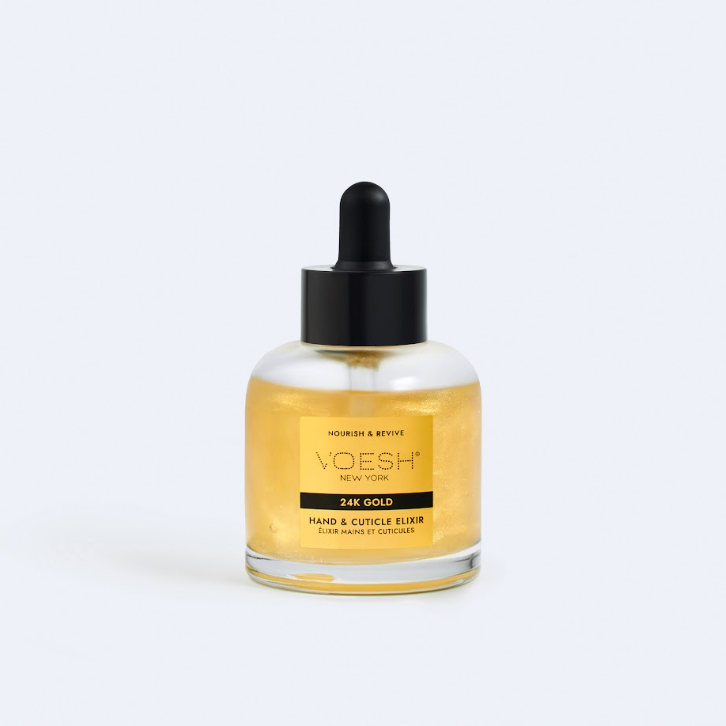 VOESH 24K Gold hand and cuticle elixir bottle on a white background