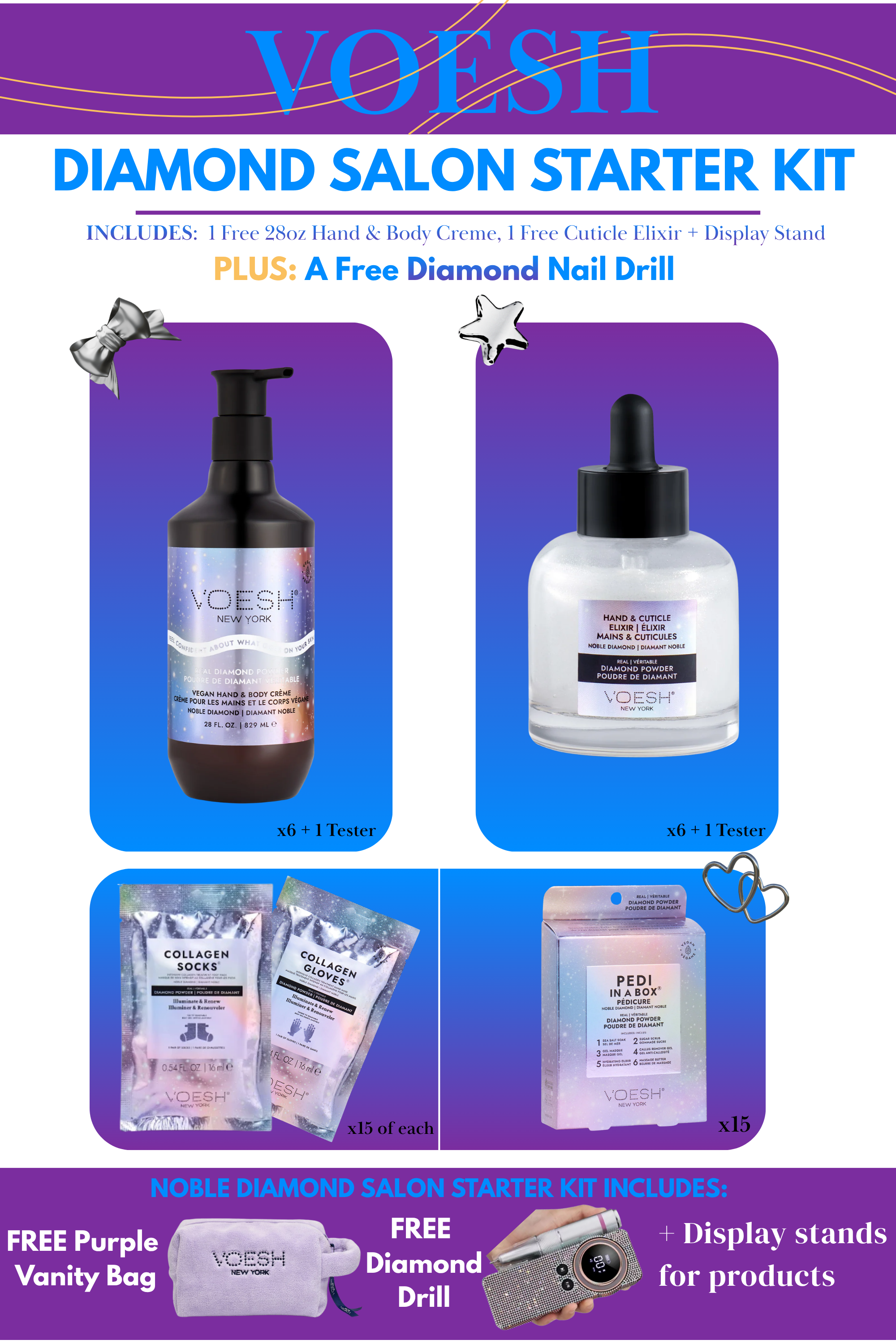 VOESH Diamond Salon Kit – Complete Mani & Pedi Spa Set with Free Vanity Bag, Diamond Drill & Displays