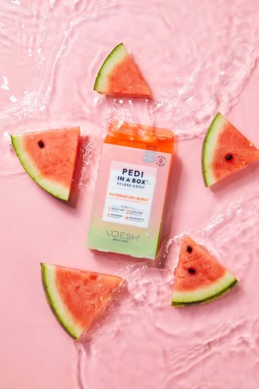 VOESH pedicure kit with watermelon slices on a pink background