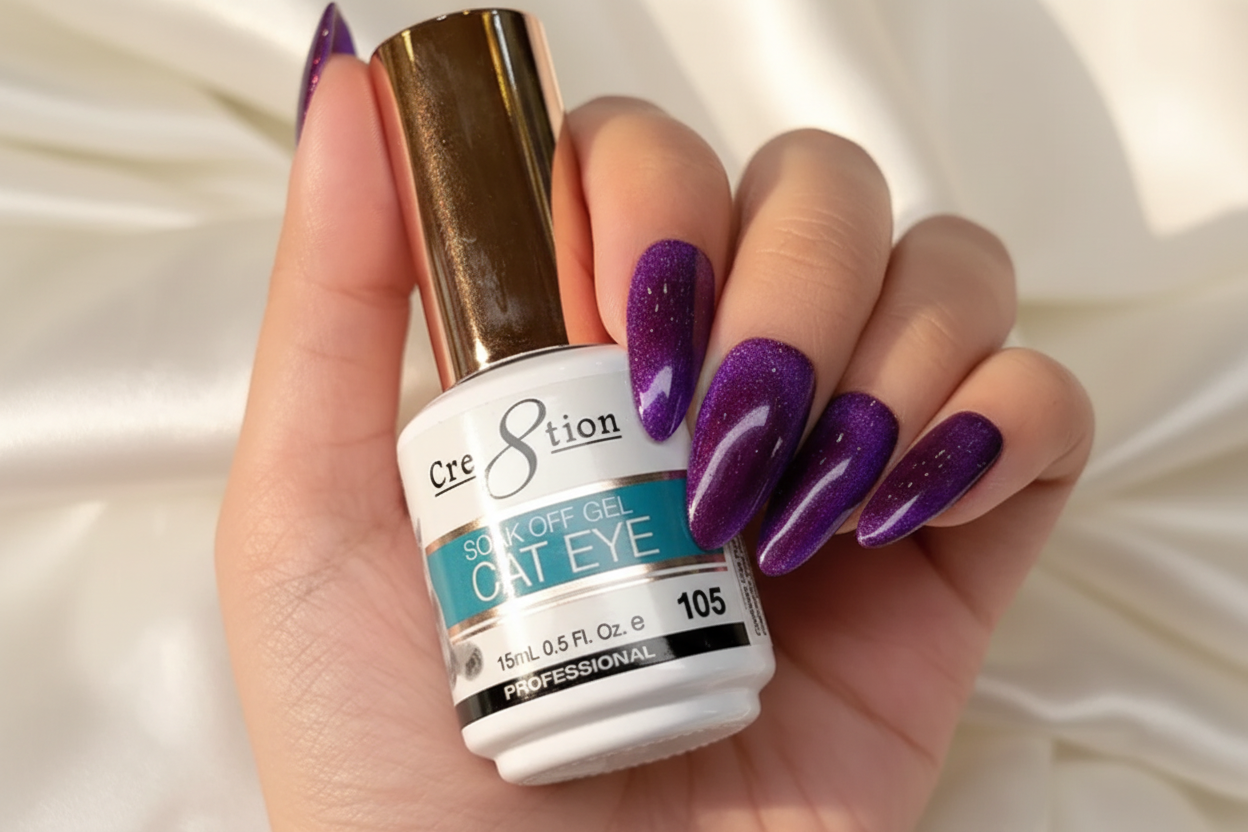 Hand holding a bottle of Cre8tion soak off gel with purple and white nail design