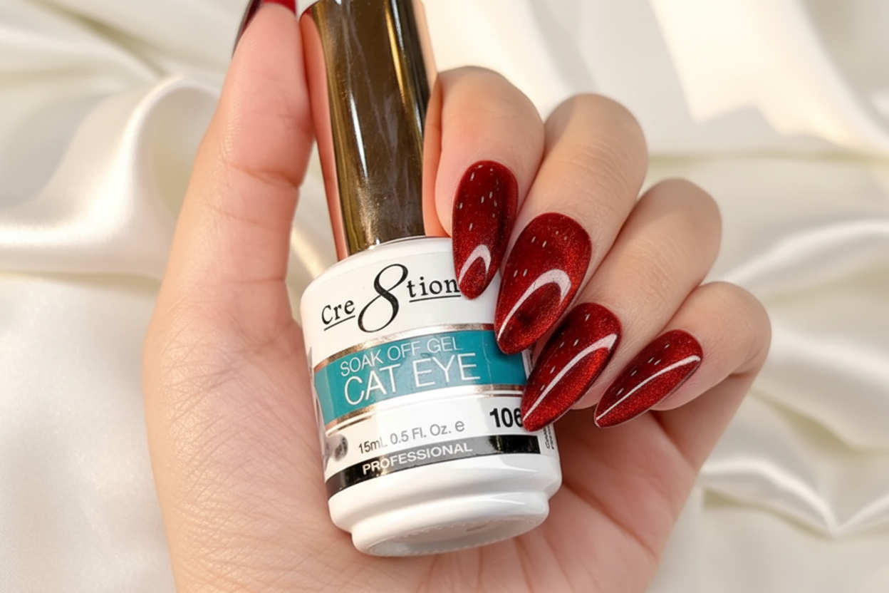 Hand holding a bottle of Cre8tion Cat Eye soak-off gel with red and white nail art.
