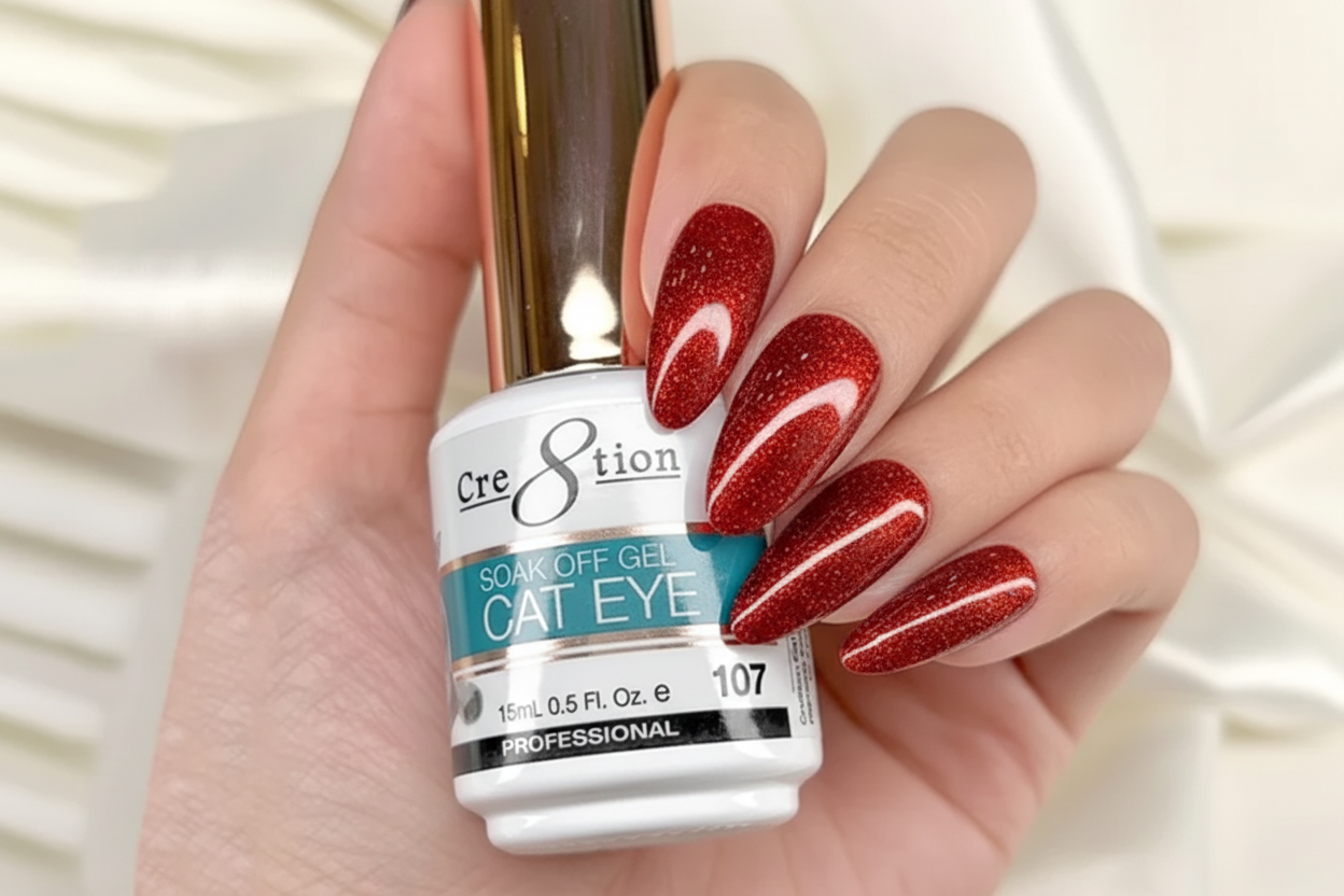 Hand holding a bottle of Cre8tion Soak Off Gel with red and white cat eye nail design.