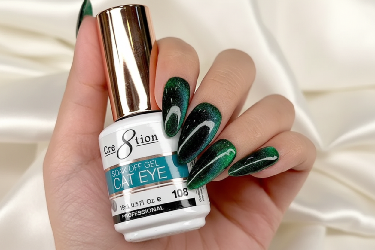 Hand holding a bottle of Cre8tion Cat Eye gel polish with green and white nail design.
