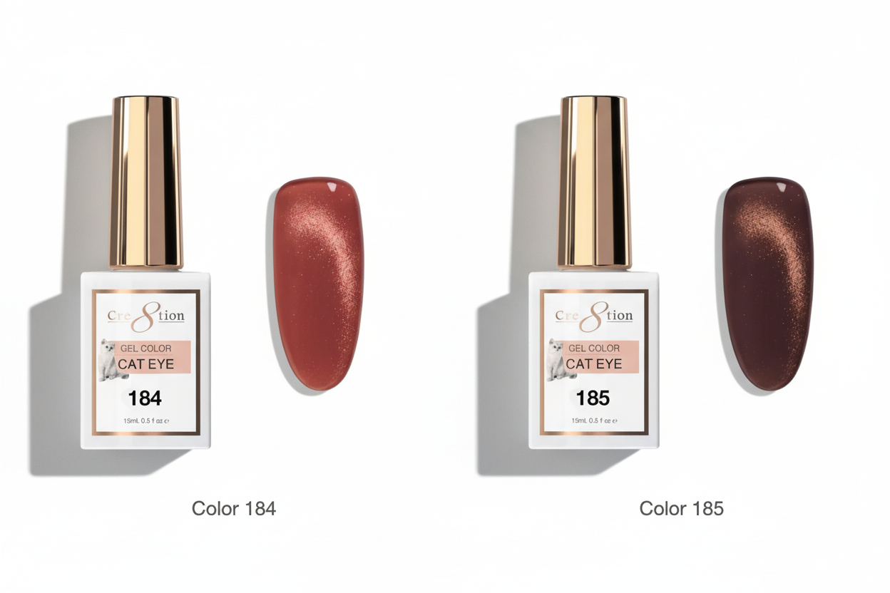Two bottles of nail polish with 'Cat Eye' finish, one labeled 184 and the other labeled 185, on a white background.