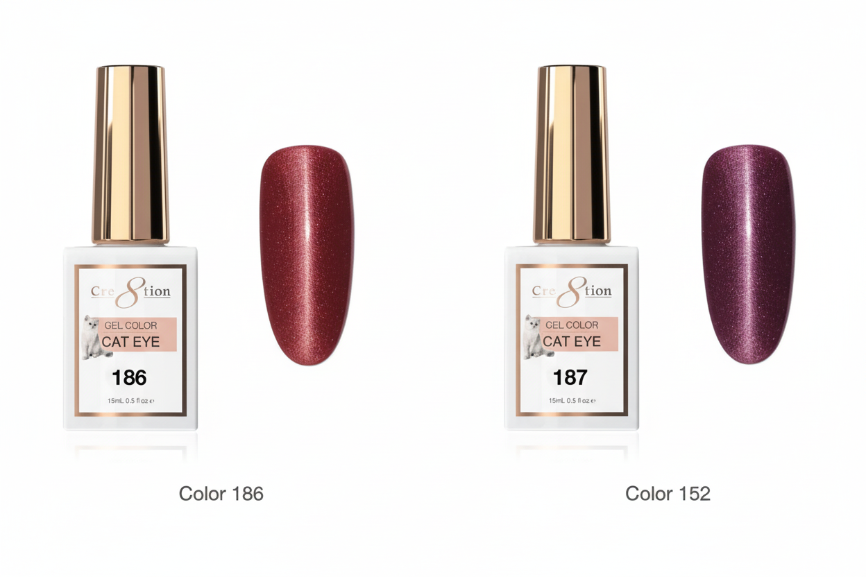 Two nail polish bottles with 'Cat Eye' label and corresponding nail swatches on a white background