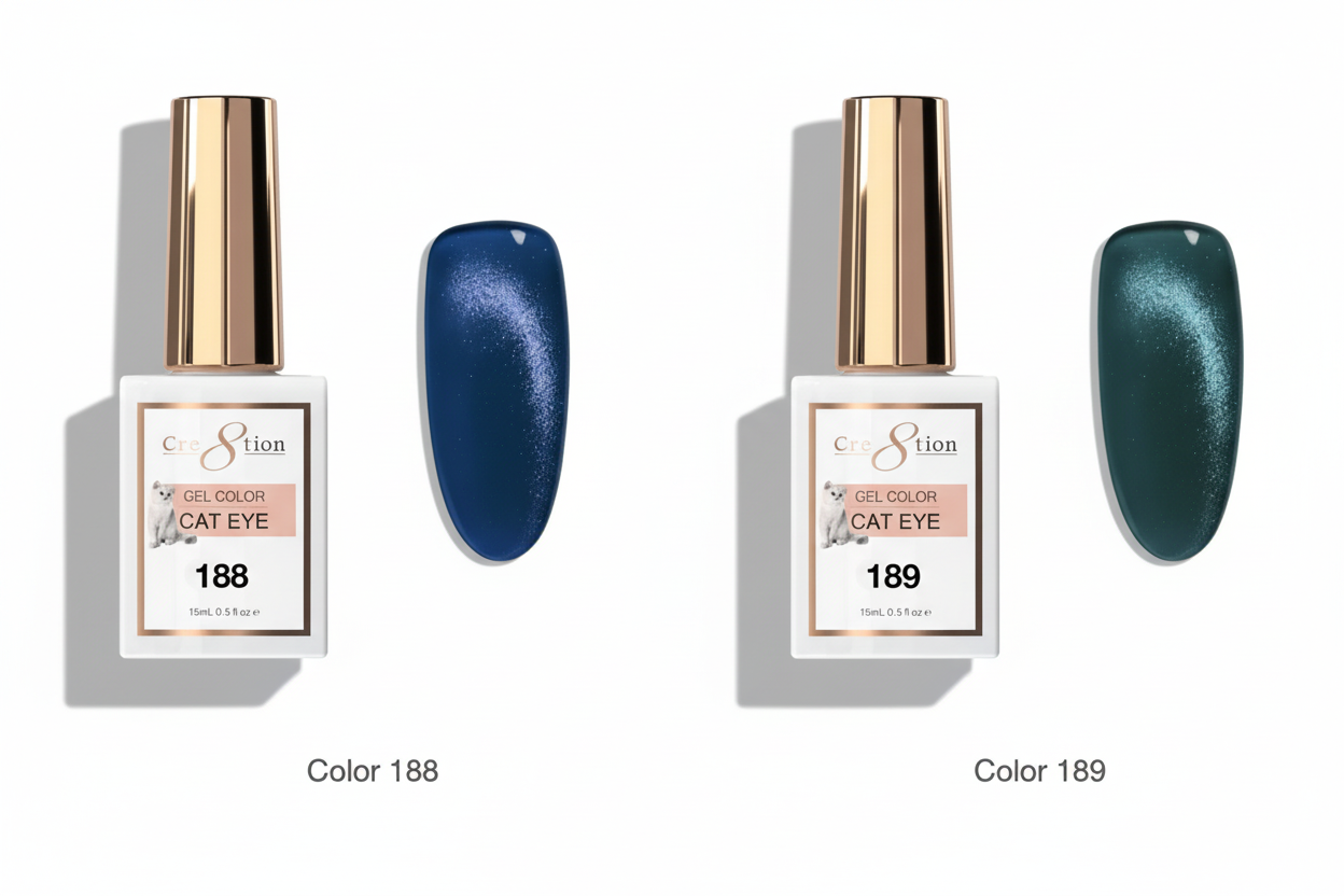 Two bottles of nail polish with a blue color swatch on a white background