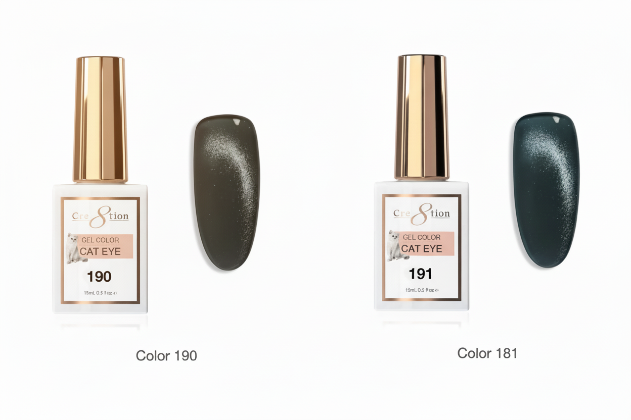 Two nail polish bottles with their corresponding dark green nail samples on a white background
