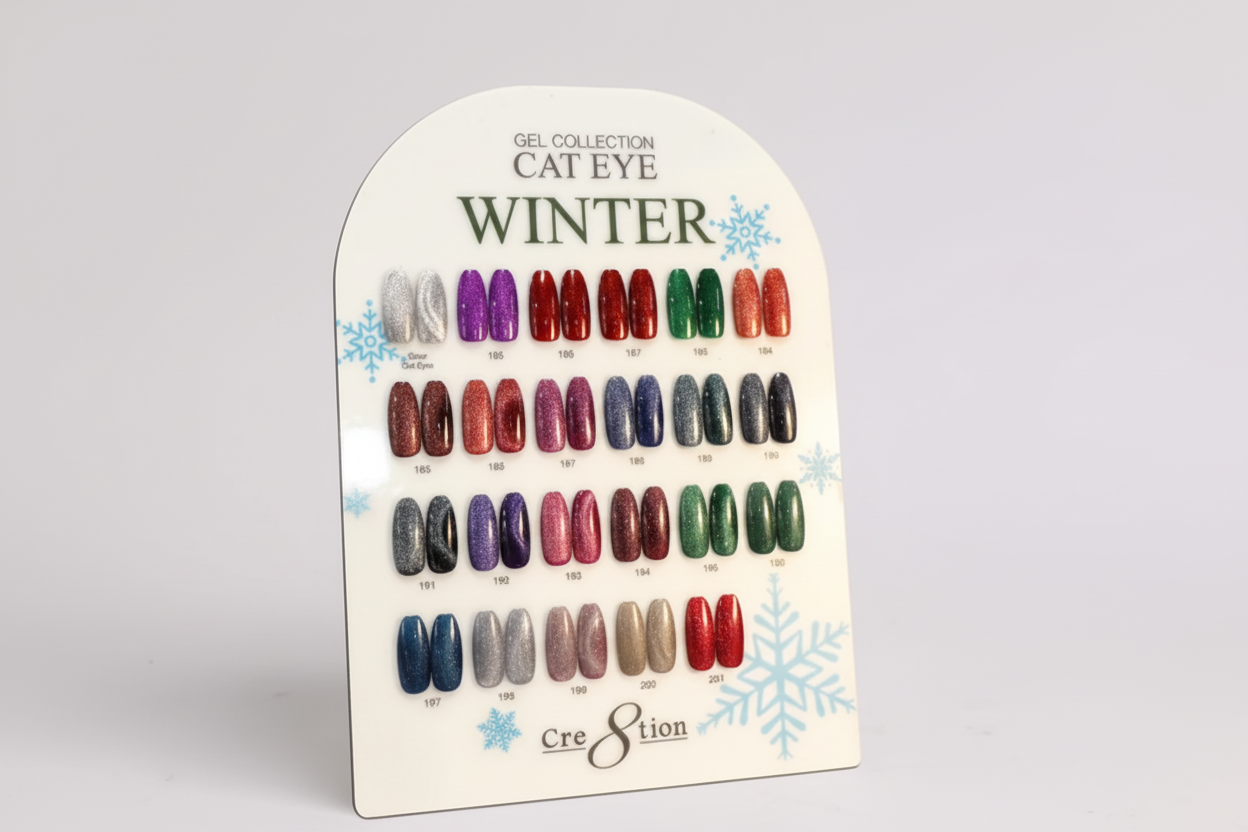 Display of nail gel collection with 'Cat Eye Winter' theme on a white background