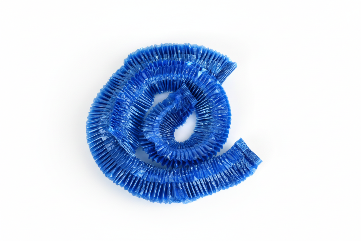 Coiled blue plastic hose on a white background