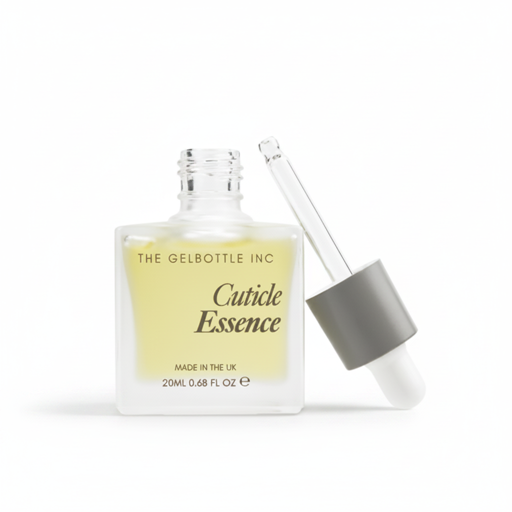 Cuticle essence bottle with dropper on a white background