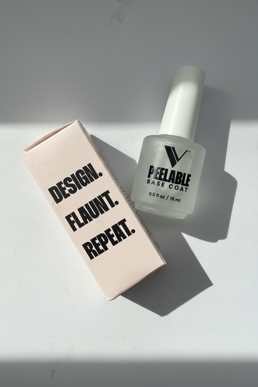 Nail polish bottle and box with 'Peel Me' text on a light gray background