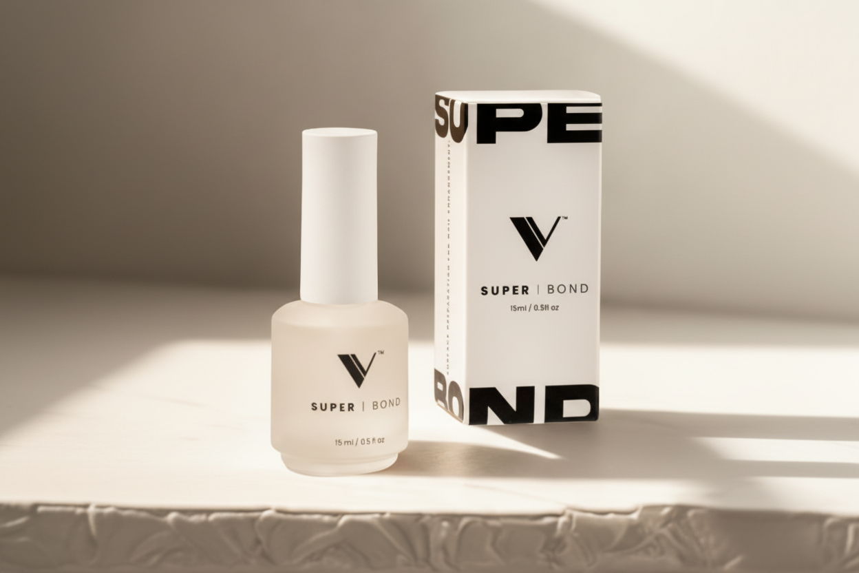 V brand nail polish bottle and packaging on a white surface