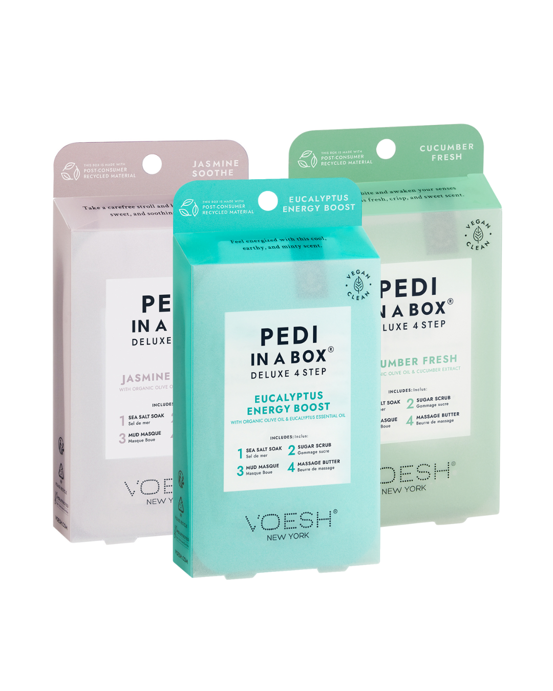 VOESH Relaxing Spa Pedicure Kit 4 Steps - The Refresh Spectrum 3-Pack (Cucumber, Eucalyptus & Jasmine)